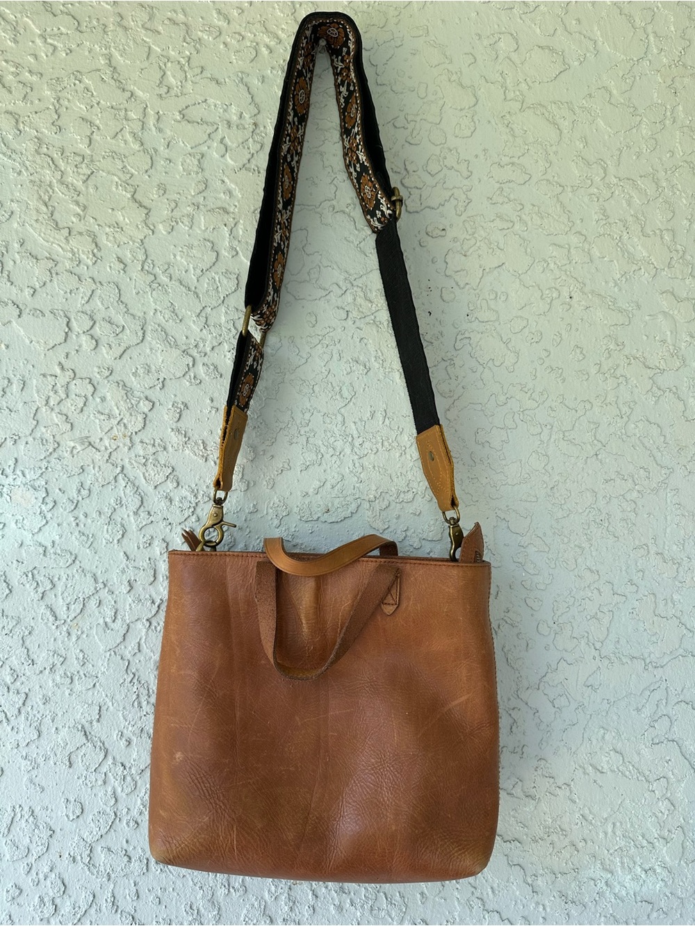 Madewell Tan Leather Tote with Patterned Adjustable Strap